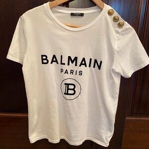 Balmain White Cotton Logo Tee with Gold Buttons